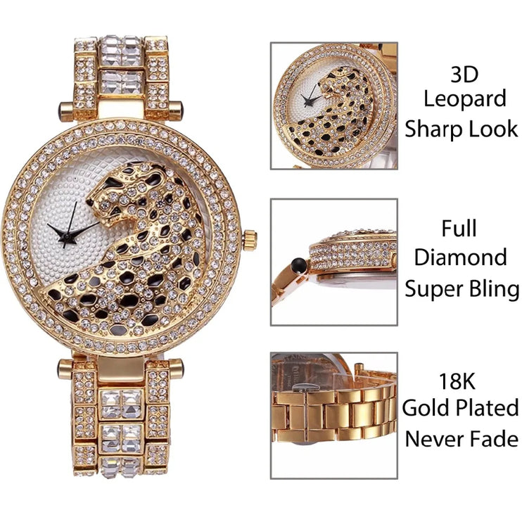MISSFOX Women Quartz Watch Fashion Bling Casual Ladies Watch Female Quartz Gold Watch Crystal Diamond Leopard for Women Clock