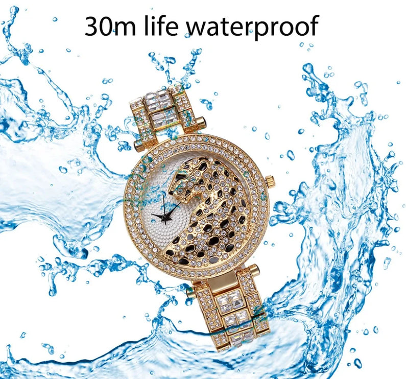 MISSFOX Women Quartz Watch Fashion Bling Casual Ladies Watch Female Quartz Gold Watch Crystal Diamond Leopard for Women Clock