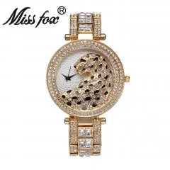 MISSFOX Women Quartz Watch Fashion Bling Casual Ladies Watch Female Quartz Gold Watch Crystal Diamond Leopard for Women Clock