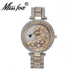 MISSFOX Women Quartz Watch Fashion Bling Casual Ladies Watch Female Quartz Gold Watch Crystal Diamond Leopard for Women Clock