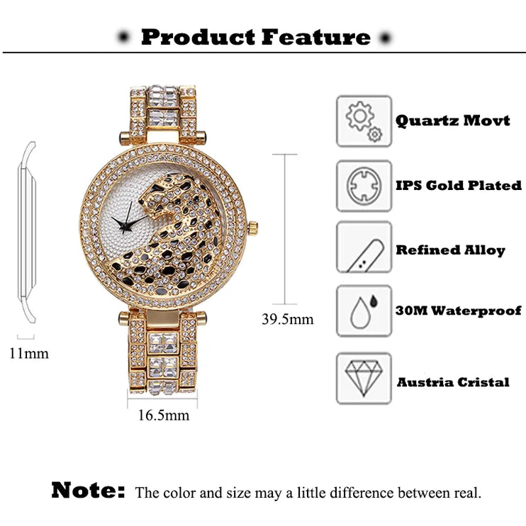 MISSFOX Women Quartz Watch Fashion Bling Casual Ladies Watch Female Quartz Gold Watch Crystal Diamond Leopard for Women Clock
