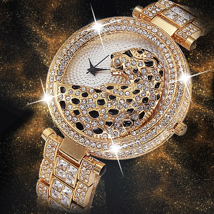 MISSFOX Women Quartz Watch Fashion Bling Casual Ladies Watch Female Quartz Gold Watch Crystal Diamond Leopard for Women Clock