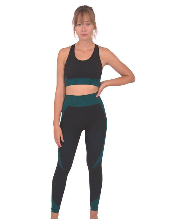 Trois Seamless Leggings & Sports Top 2 Set - Black With Teal Blue